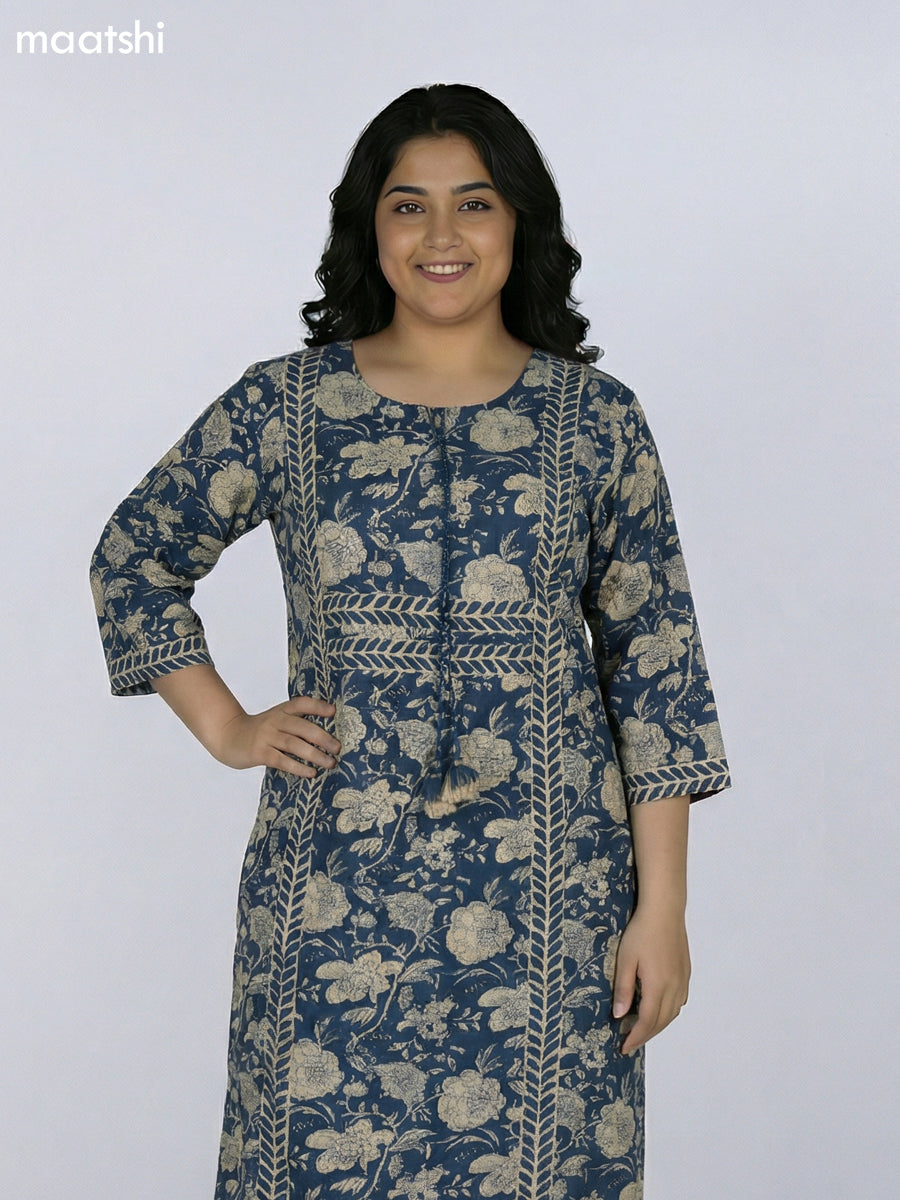 Blue and Beige Cotton Kalamkari Printed Straight Suit