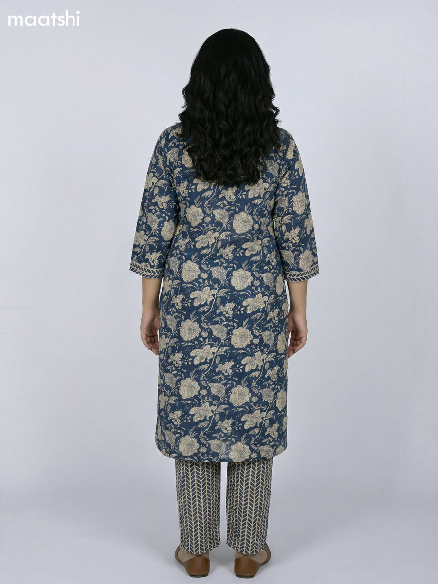 Blue and Beige Cotton Kalamkari Printed Straight Suit