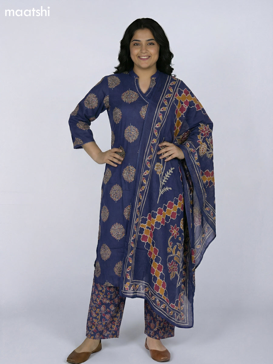 Navy Blue Cotton Printed Straight Suit