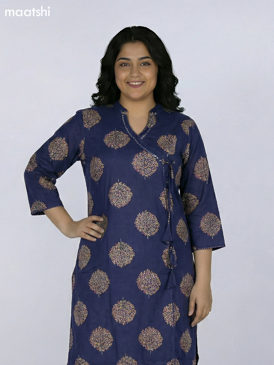 Navy Blue Cotton Printed Straight Suit