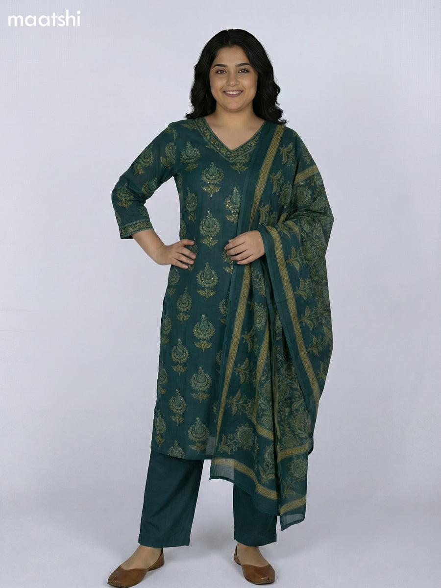 Dark Green Cotton Printed Straight Suit