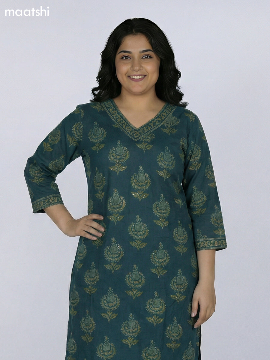 Dark Green Cotton Printed Straight Suit