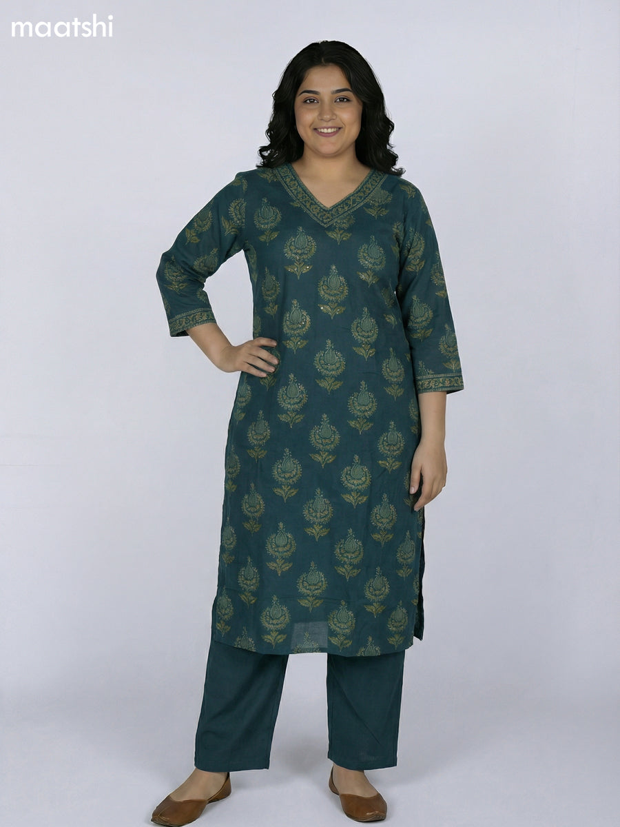 Dark Green Cotton Printed Straight Suit