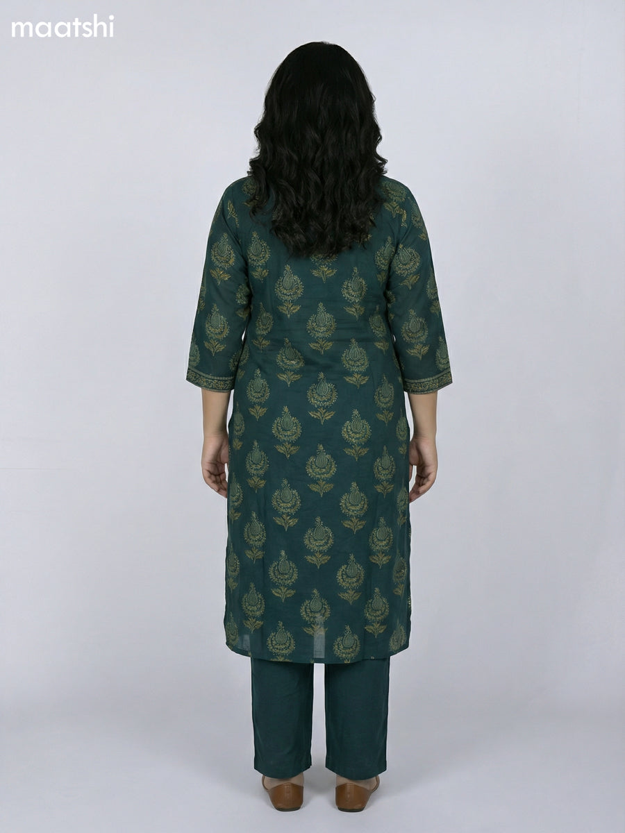 Dark Green Cotton Printed Straight Suit