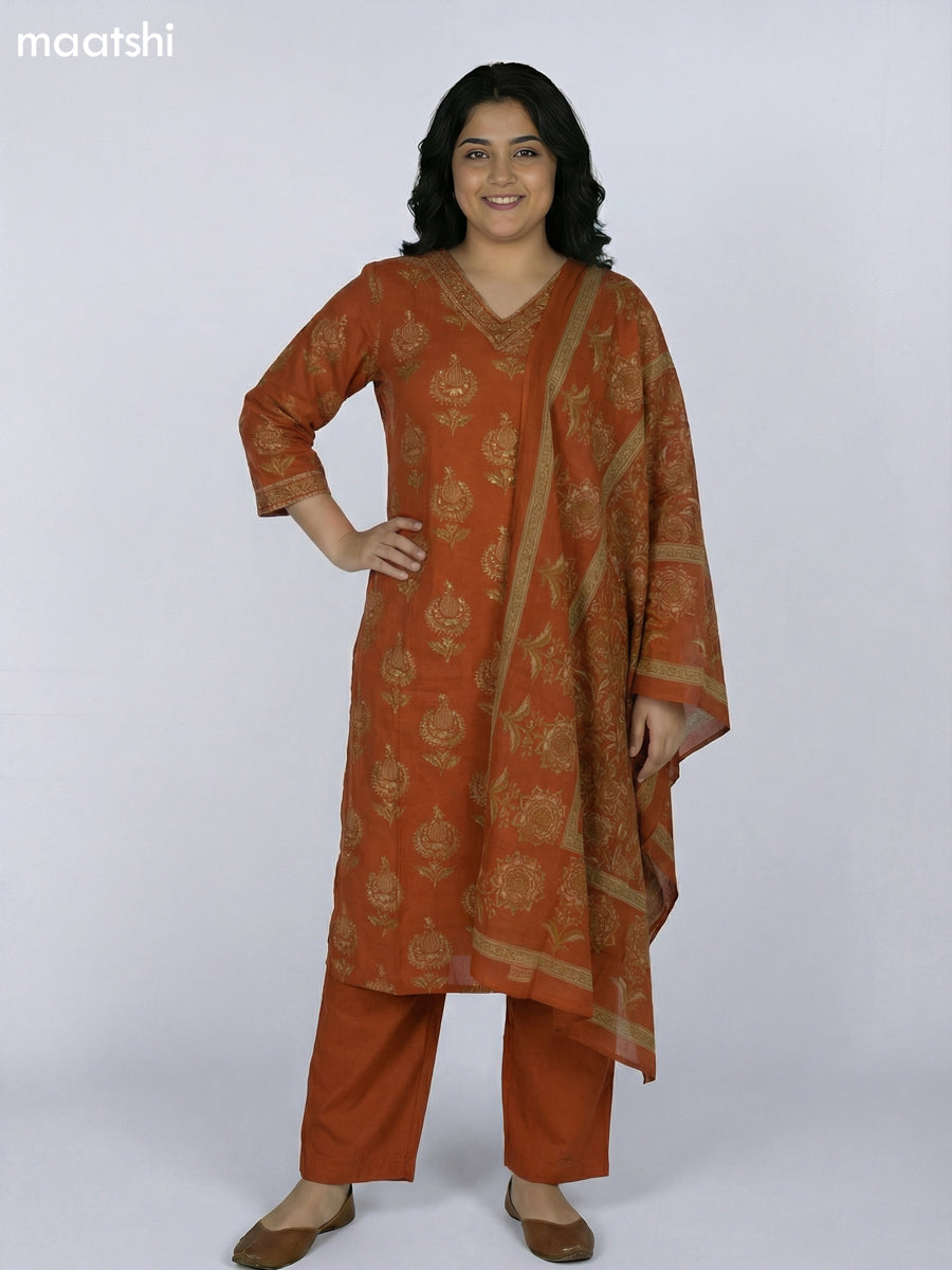Rust Orange Cotton Printed Straight Suit