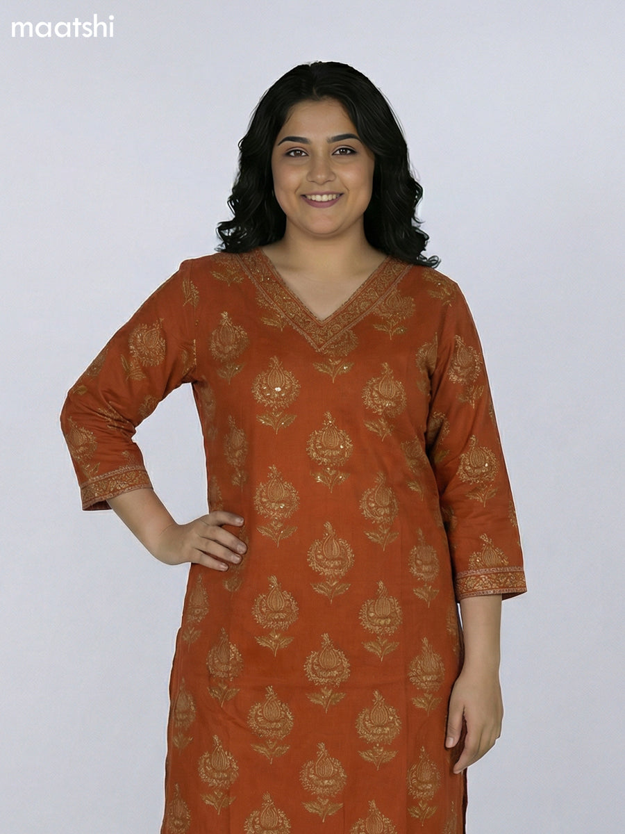 Rust Orange Cotton Printed Straight Suit