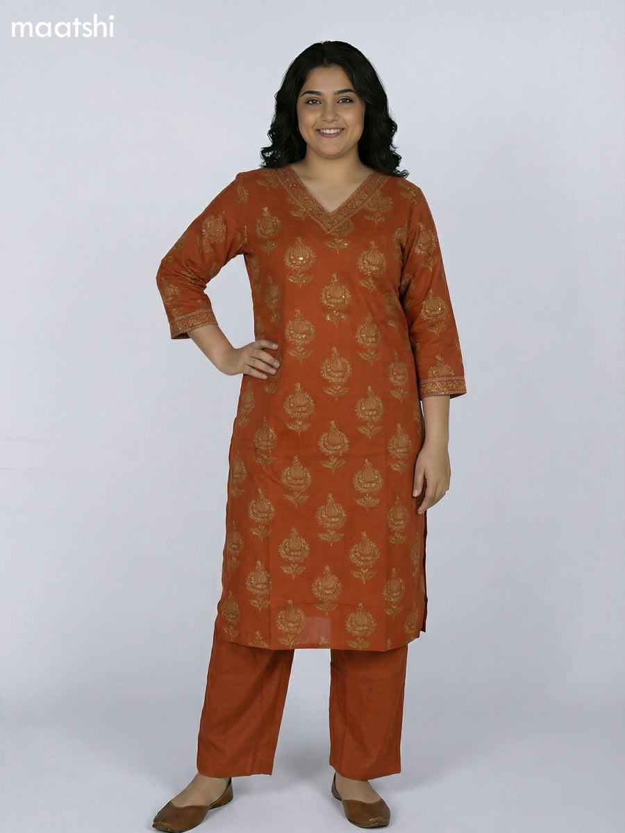 Rust Orange Cotton Printed Straight Suit
