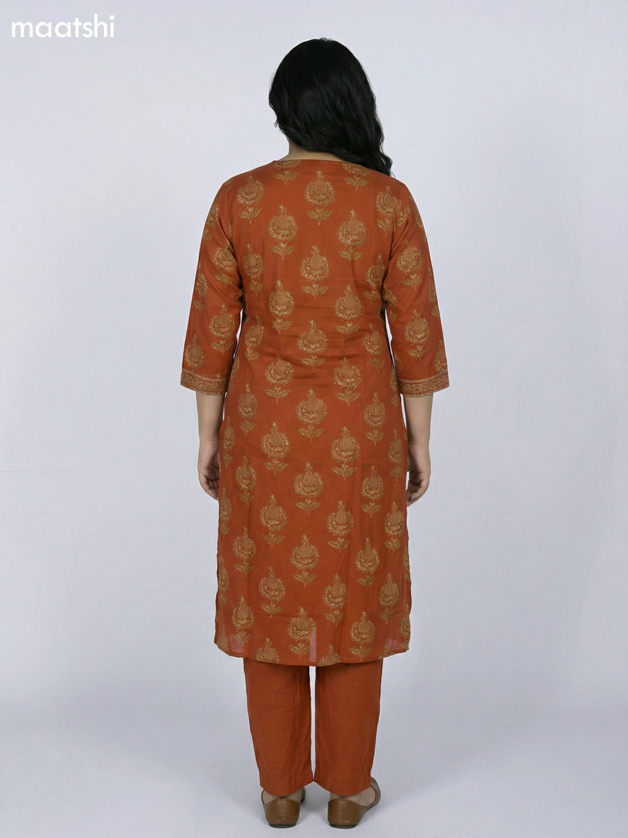 Rust Orange Cotton Printed Straight Suit