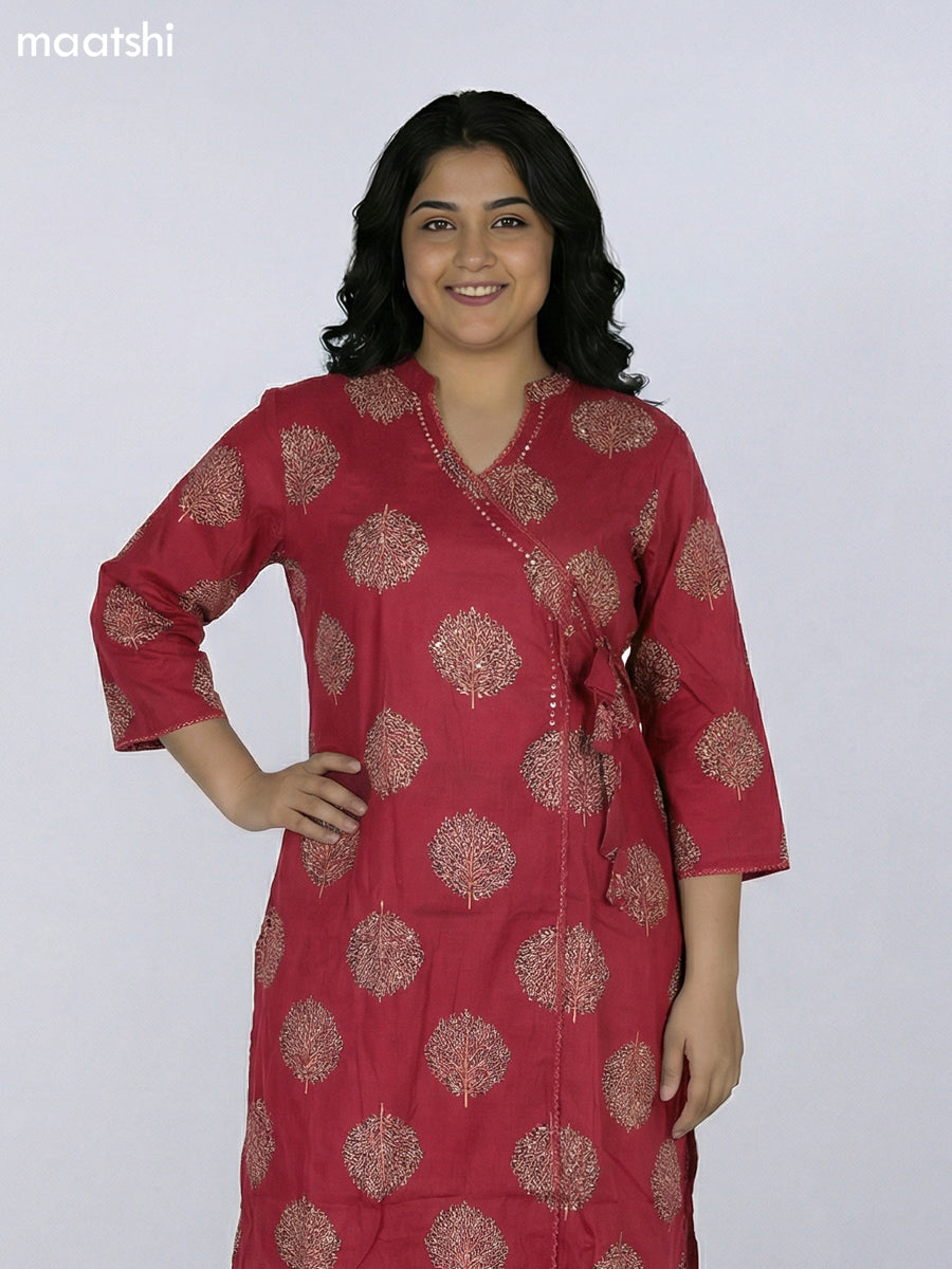 Dark Magenta Pink Cotton Printed Straight Suit