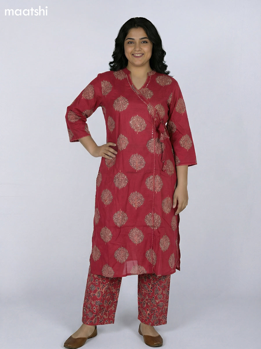 Dark Magenta Pink Cotton Printed Straight Suit