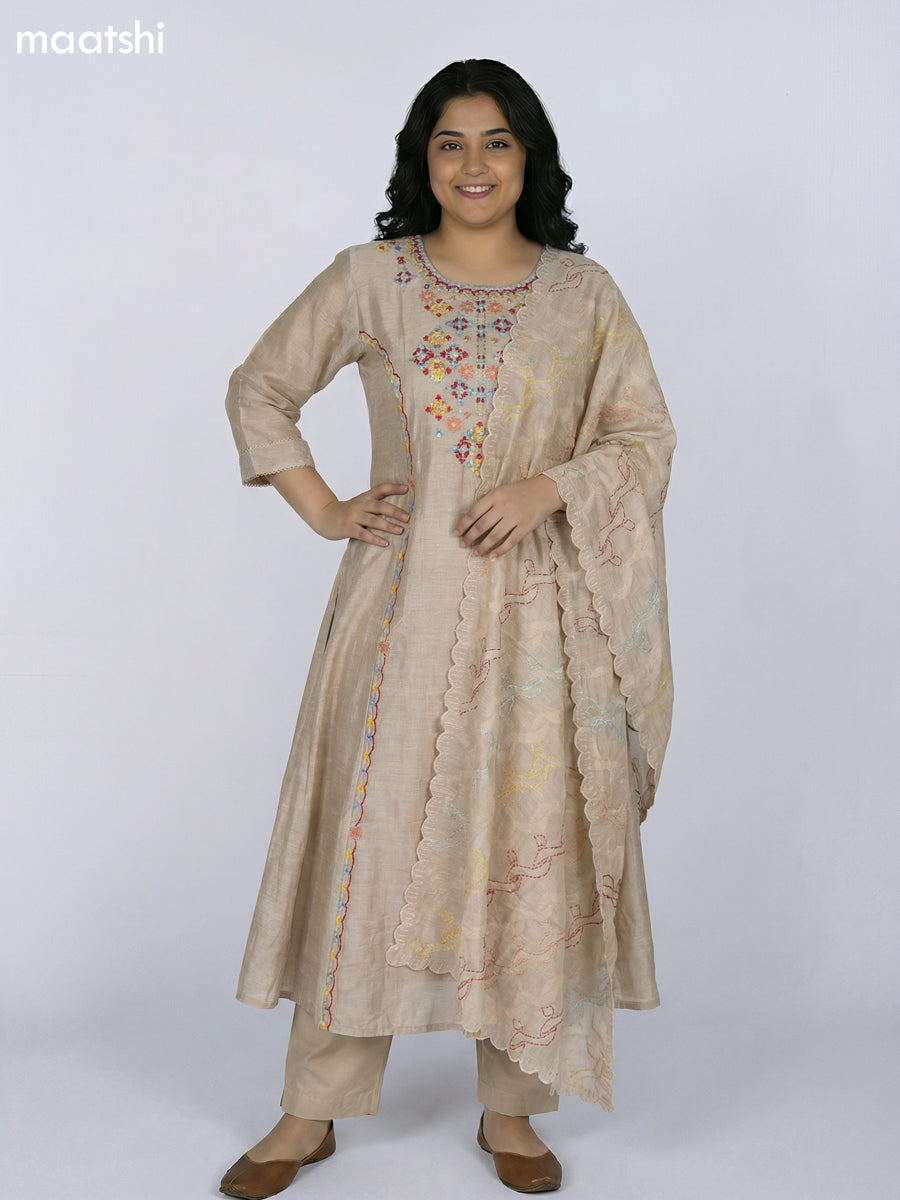 Beige Chanderi Embroidery Work Anarkali Suit