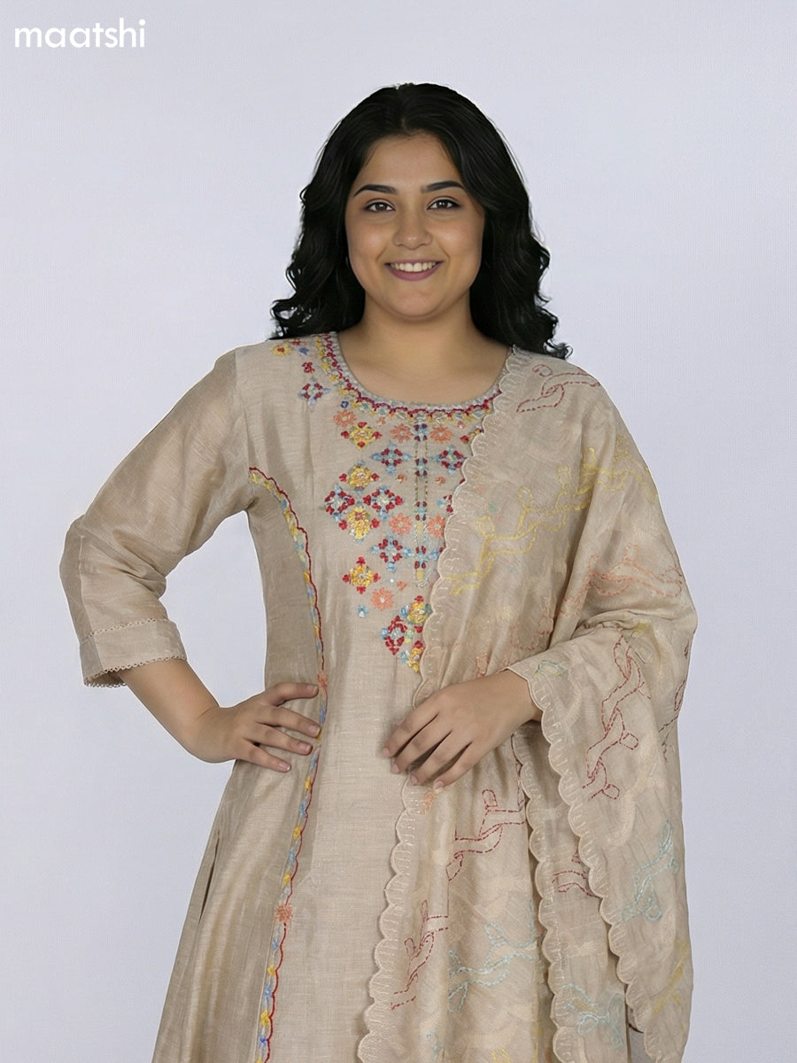 Beige Chanderi Embroidery Work Anarkali Suit