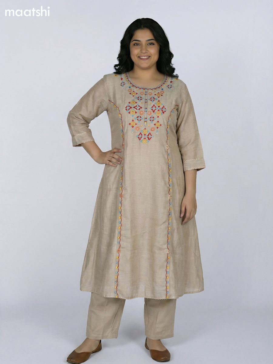 Beige Chanderi Embroidery Work Anarkali Suit