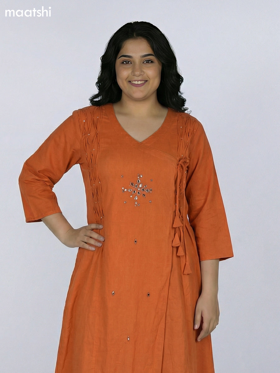 Orange Shade Cotton Mirror Work With Angrakha Pattern A-Line Suit
