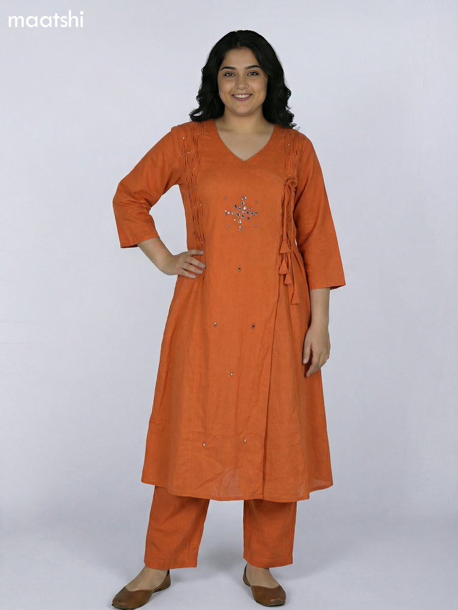Orange Shade Cotton Mirror Work With Angrakha Pattern A-Line Suit