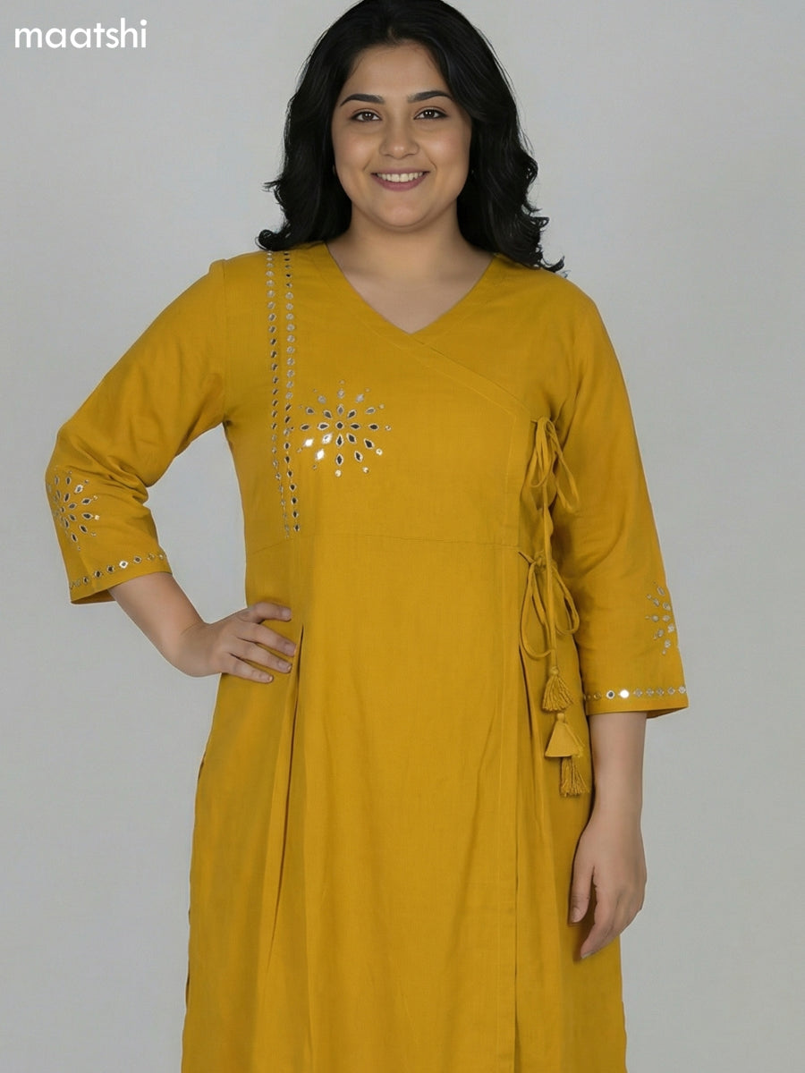 Mustard Shade Cotton Mirror Work With Angrakha Pattern A-Line Suit