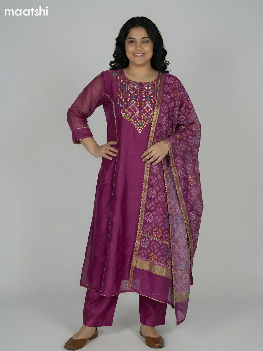 Magenta Pink Chanderi Embroidery Work Anarkali Suit