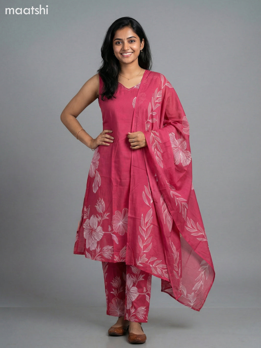 Pink Cotton Floral Printed A-Line Suit & Without Sleeves