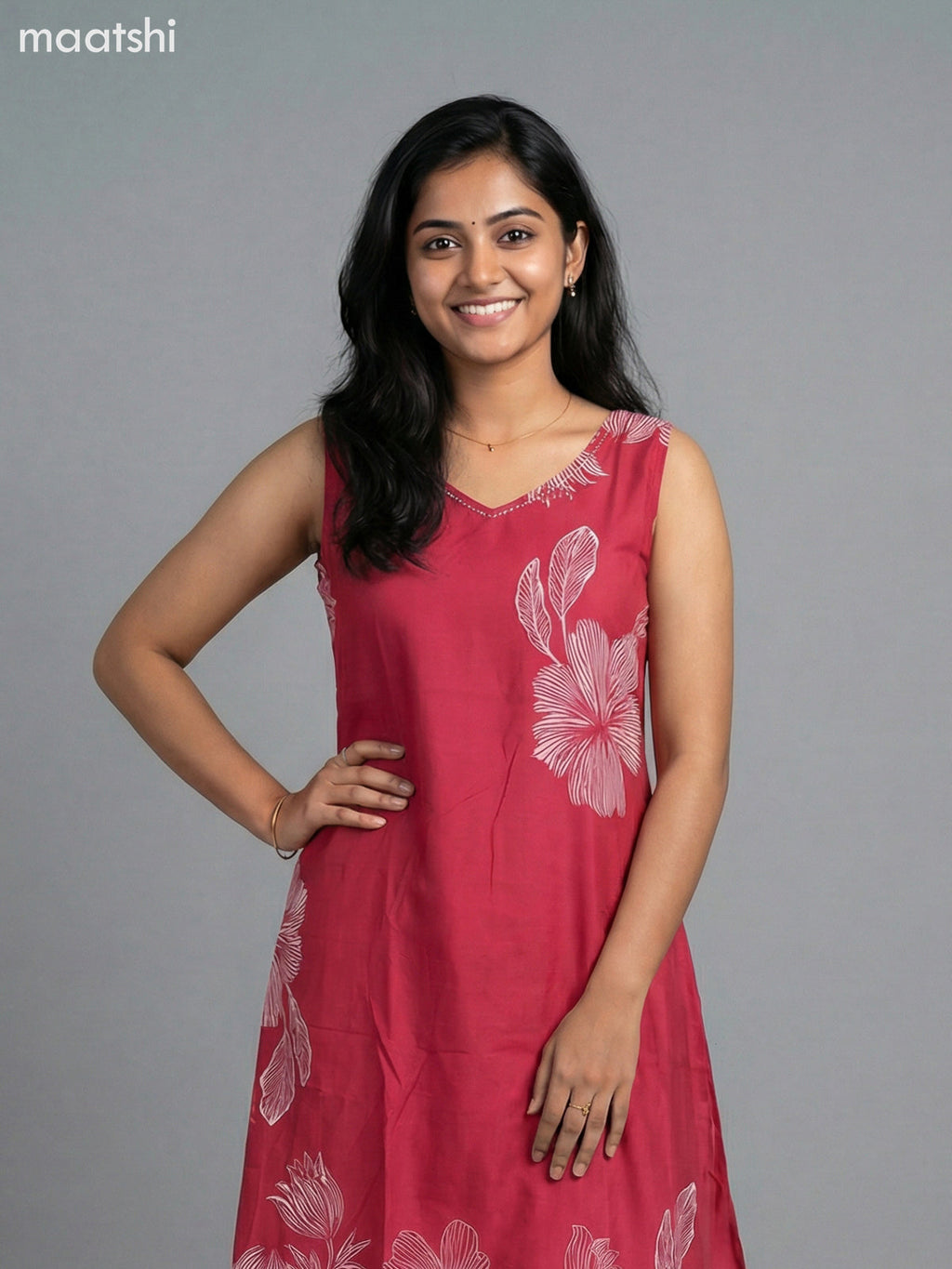 Pink Cotton Floral Printed A-Line Suit & Without Sleeves
