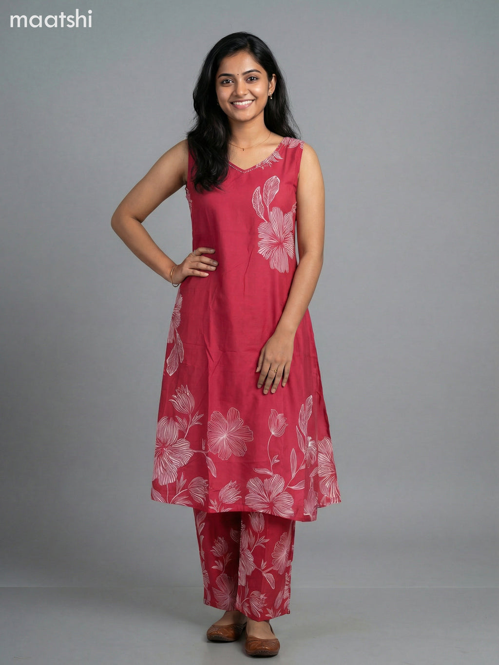 Pink Cotton Floral Printed A-Line Suit & Without Sleeves