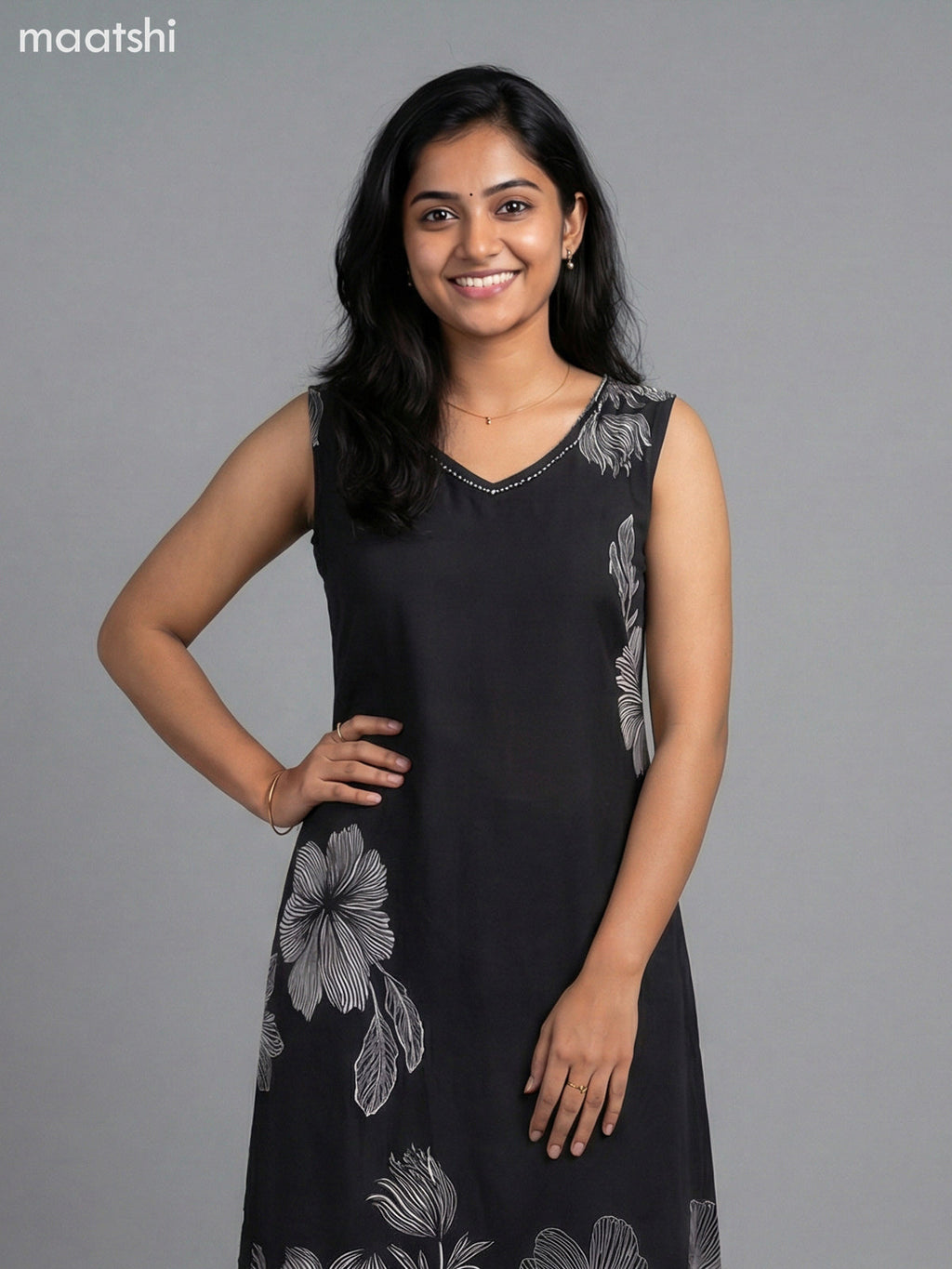 Black Cotton Floral Printed A-Line Suit & Without Sleeves