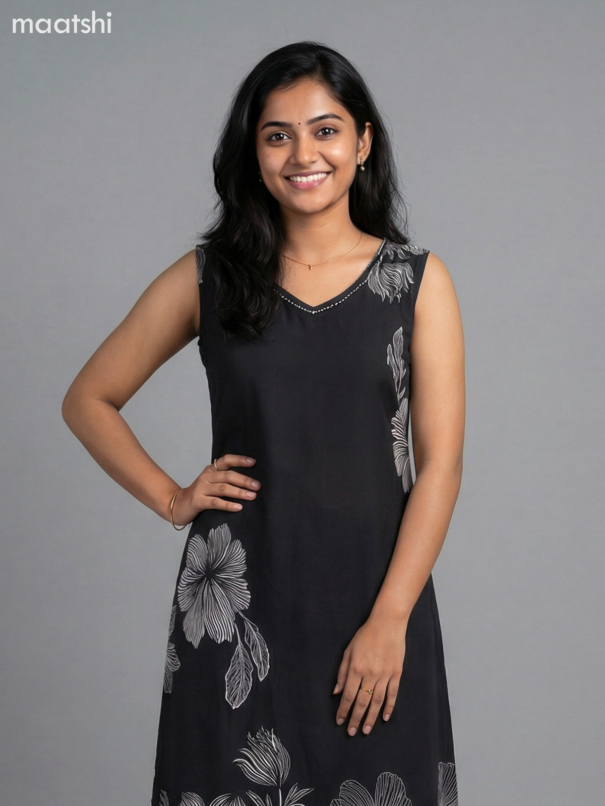 Black Cotton Floral Printed A-Line Suit & Without Sleeves