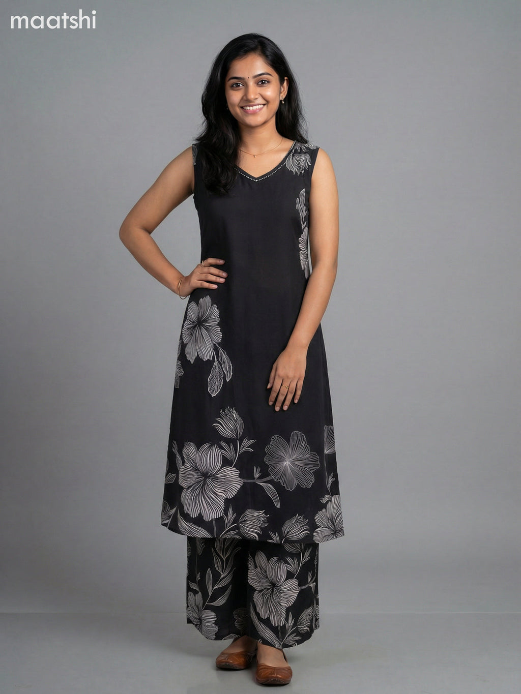 Black Cotton Floral Printed A-Line Suit & Without Sleeves