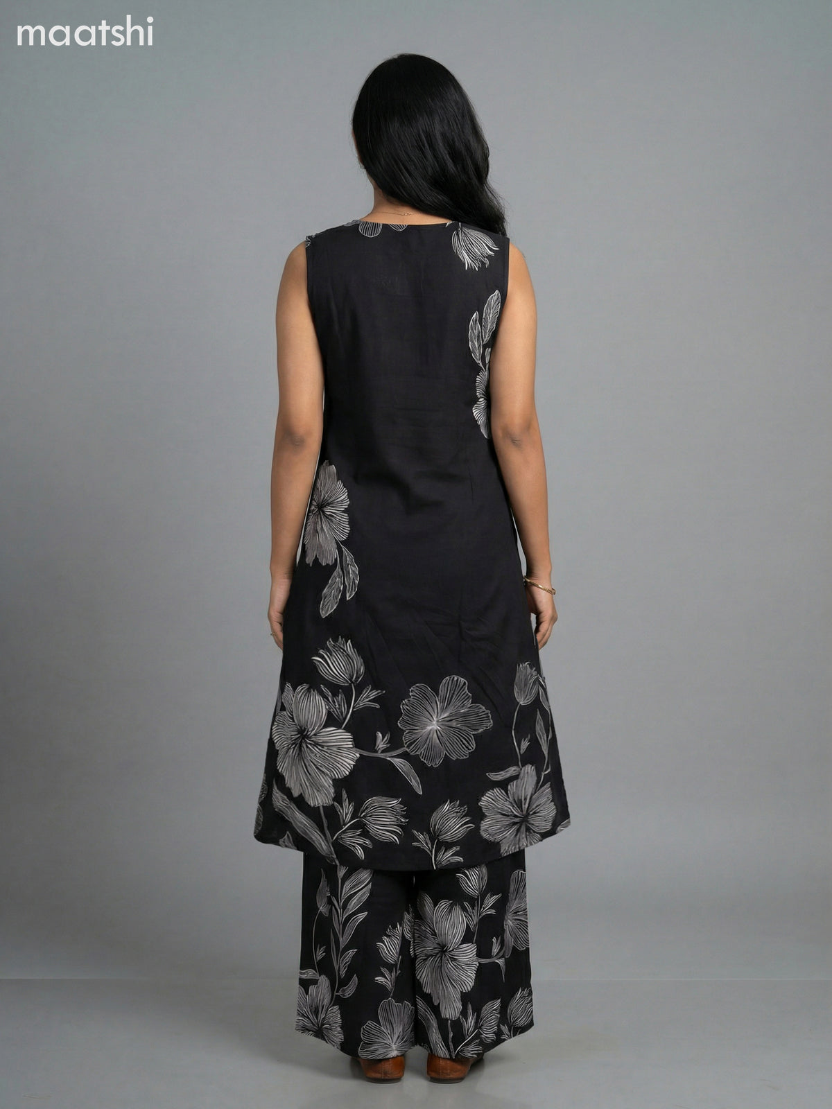 Black Cotton Floral Printed A-Line Suit & Without Sleeves
