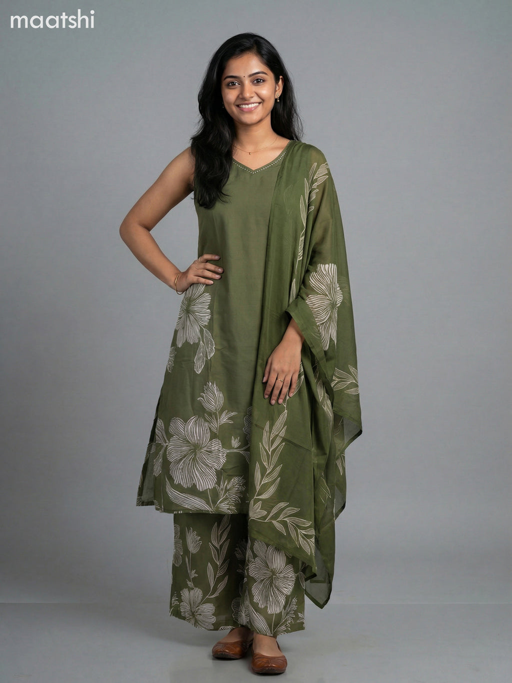 Sap Green Cotton Floral Printed A-Line Suit & Without Sleeves