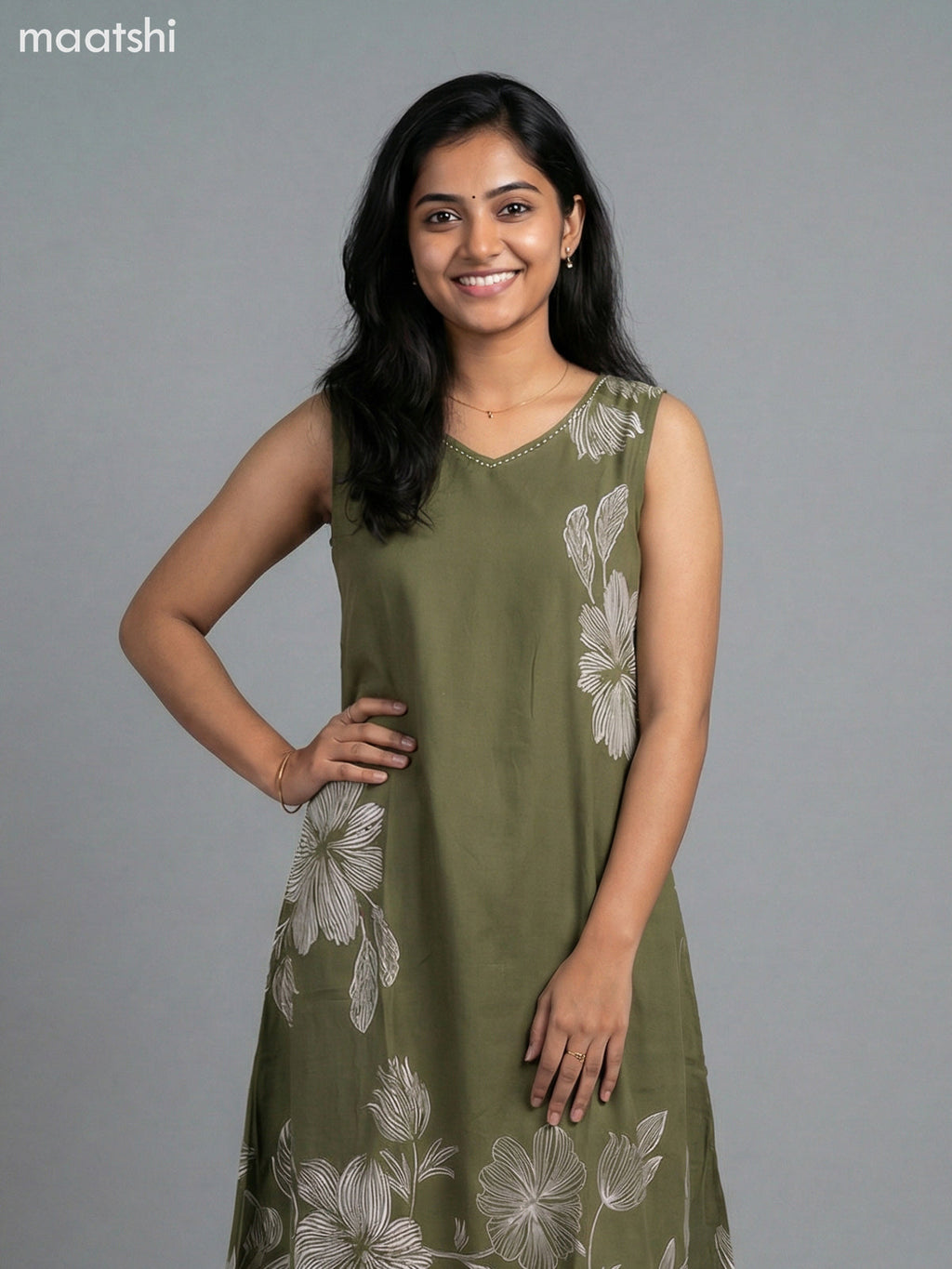 Sap Green Cotton Floral Printed A-Line Suit & Without Sleeves