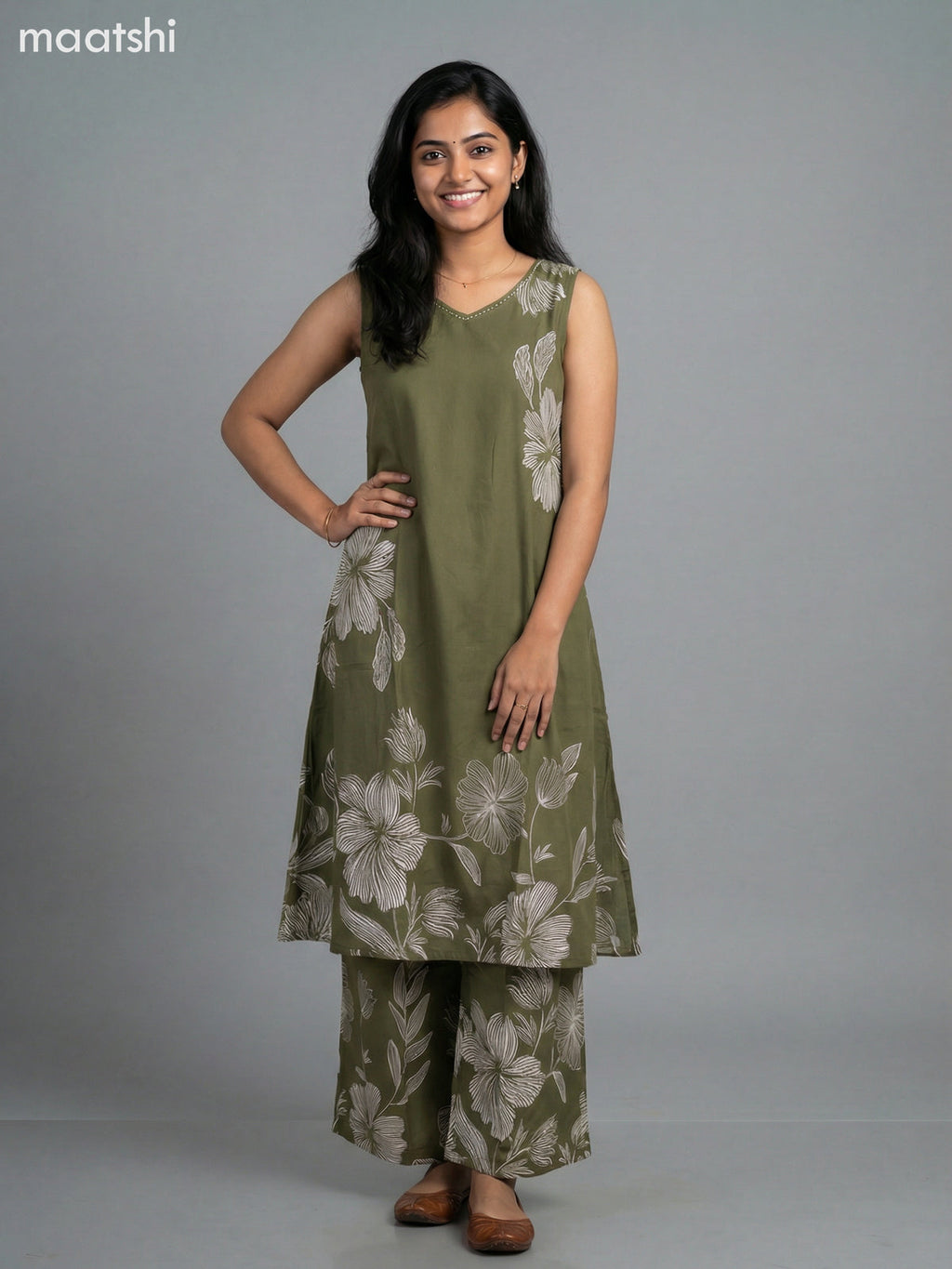 Sap Green Cotton Floral Printed A-Line Suit & Without Sleeves
