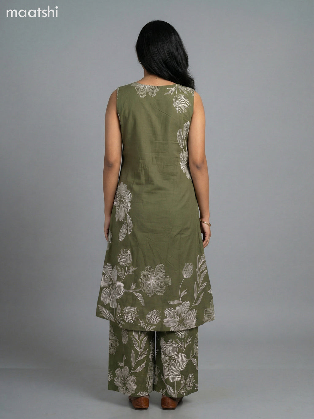 Sap Green Cotton Floral Printed A-Line Suit & Without Sleeves