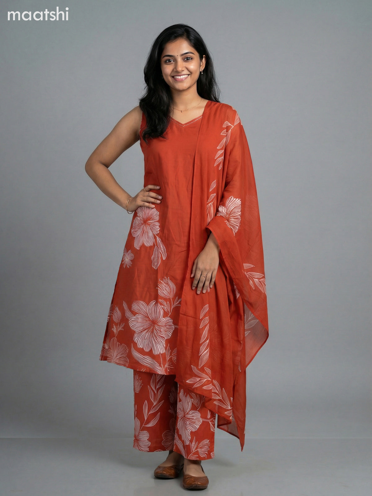 Rust Shade Cotton Floral Printed A-Line Suit & Without Sleeves