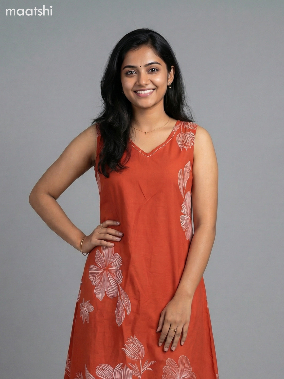 Rust Shade Cotton Floral Printed A-Line Suit & Without Sleeves