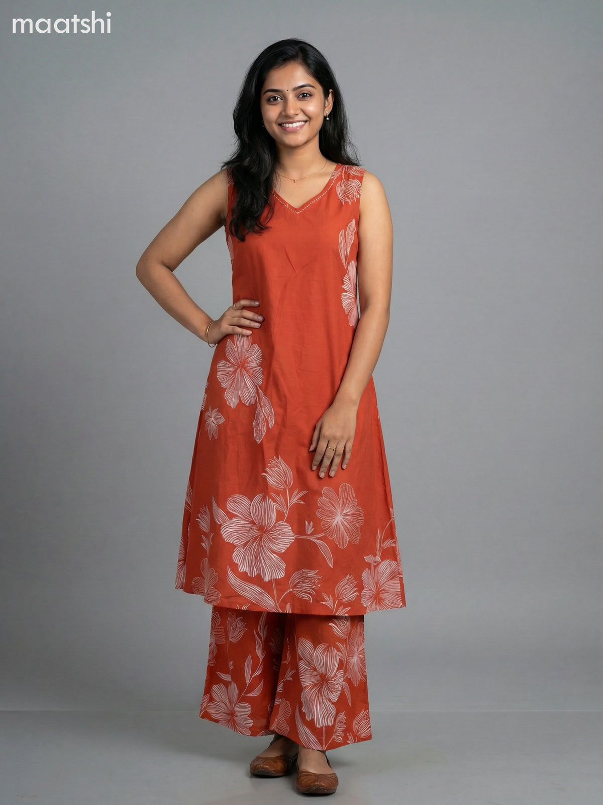 Rust Shade Cotton Floral Printed A-Line Suit & Without Sleeves