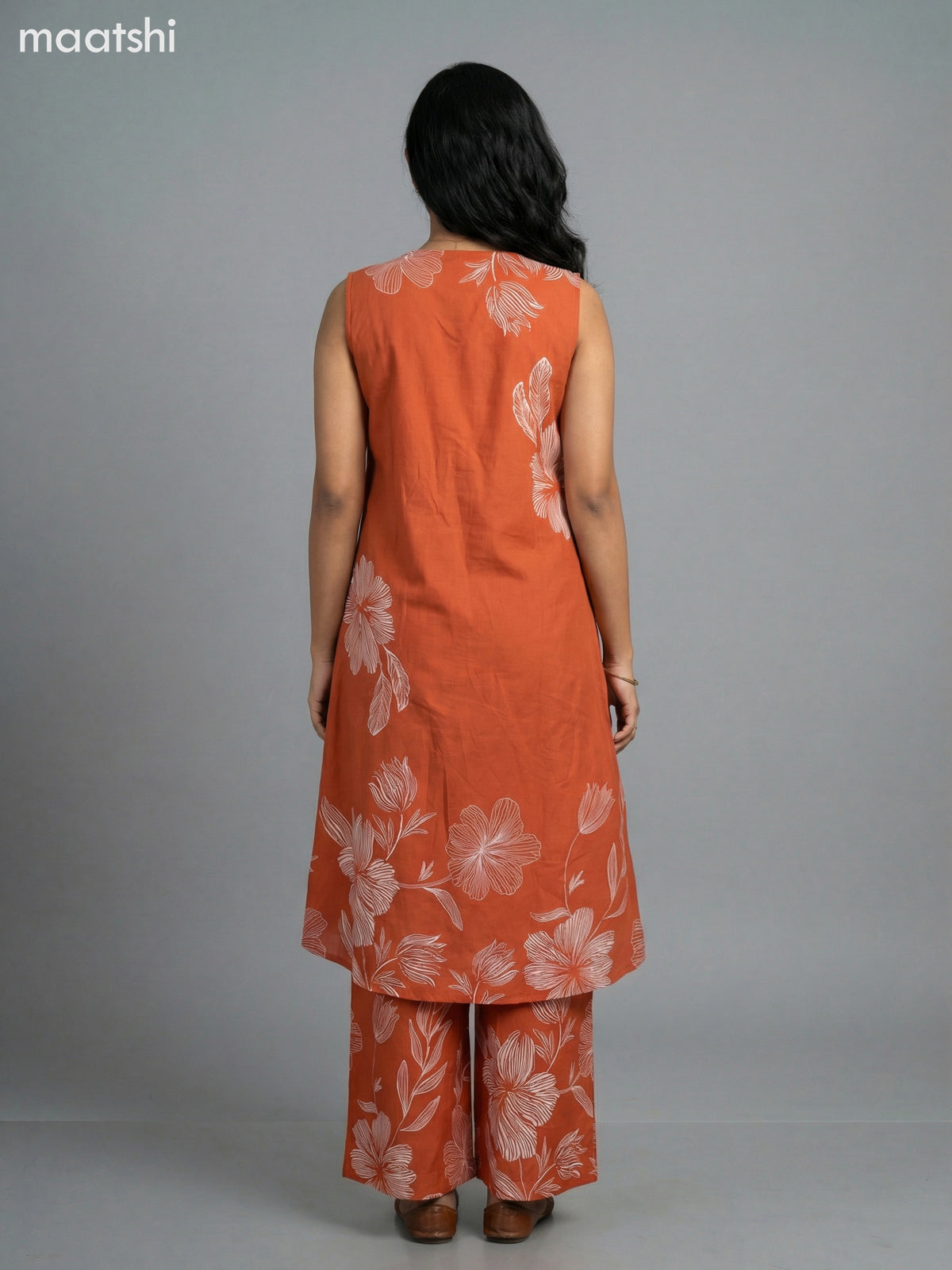 Rust Shade Cotton Floral Printed A-Line Suit & Without Sleeves