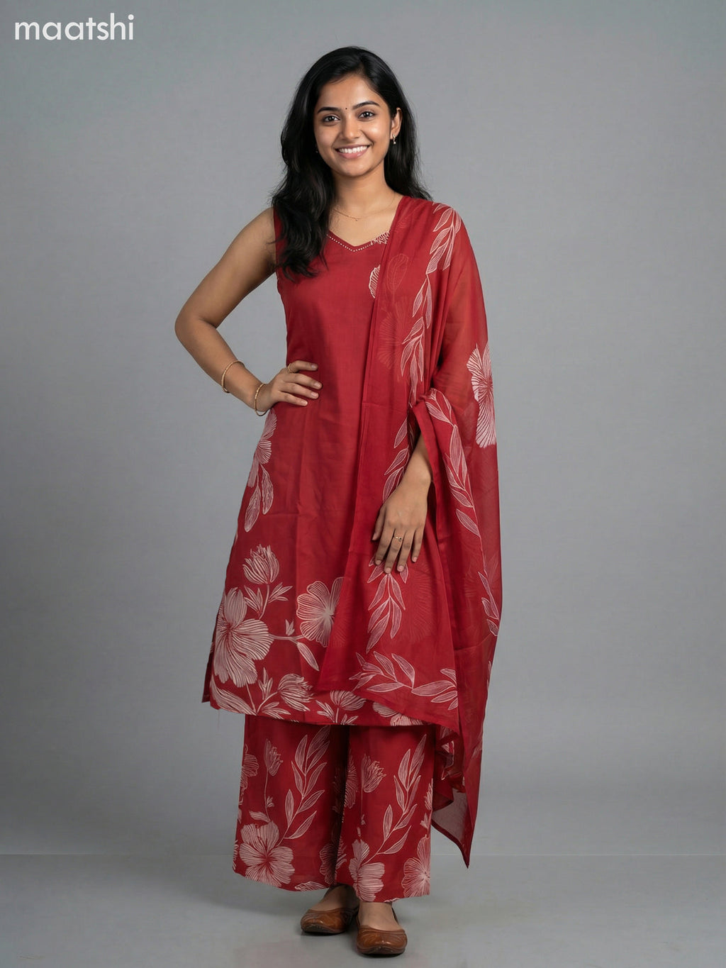 Maroon Cotton Floral Printed A-Line Suit & Without Sleeves