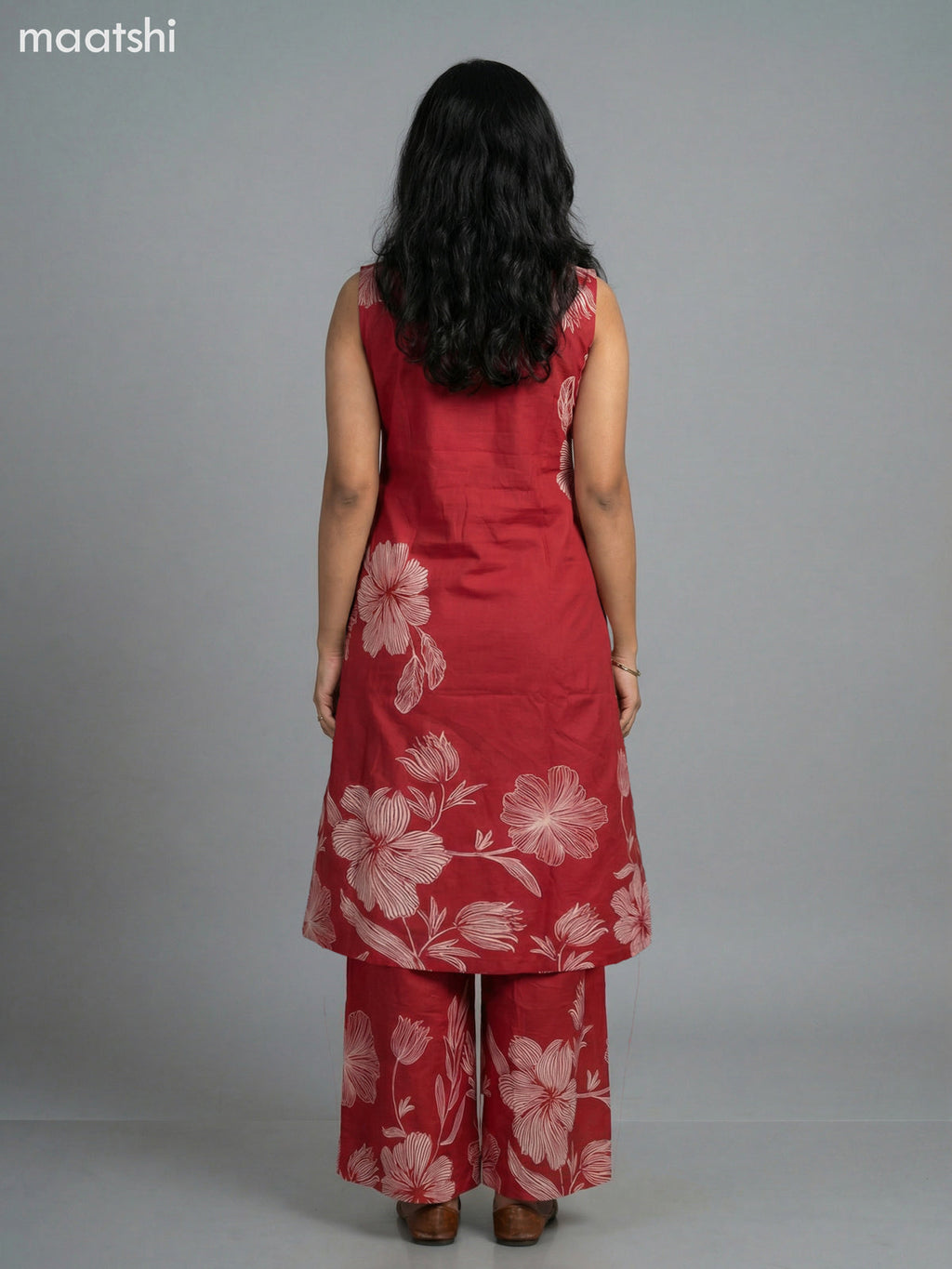 Maroon Cotton Floral Printed A-Line Suit & Without Sleeves
