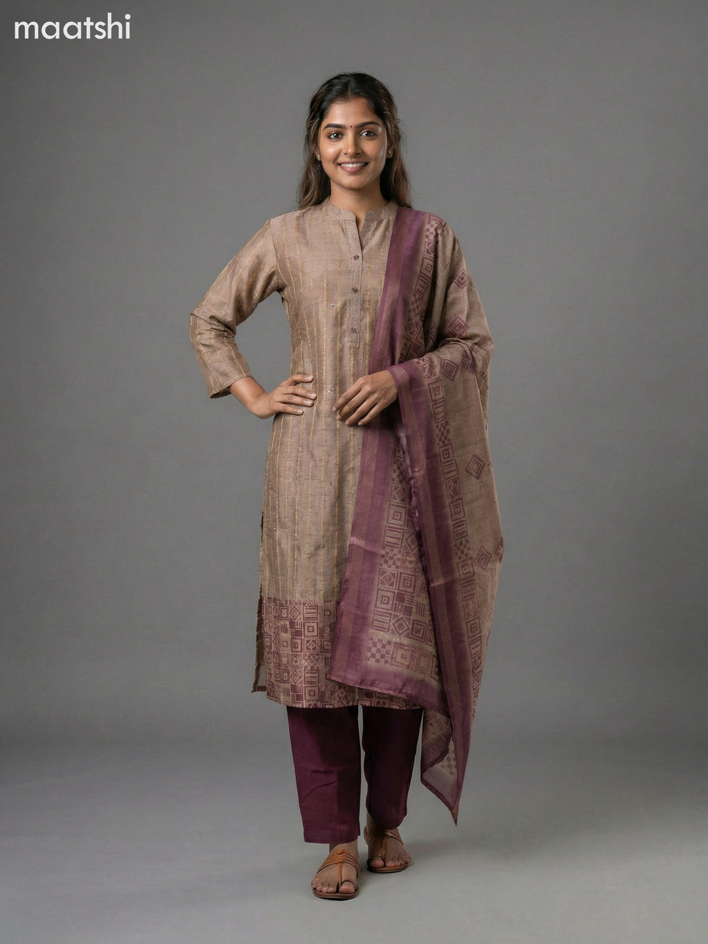 Beige and Wine Shade Chanderi With Zari Weaves Straight Suit