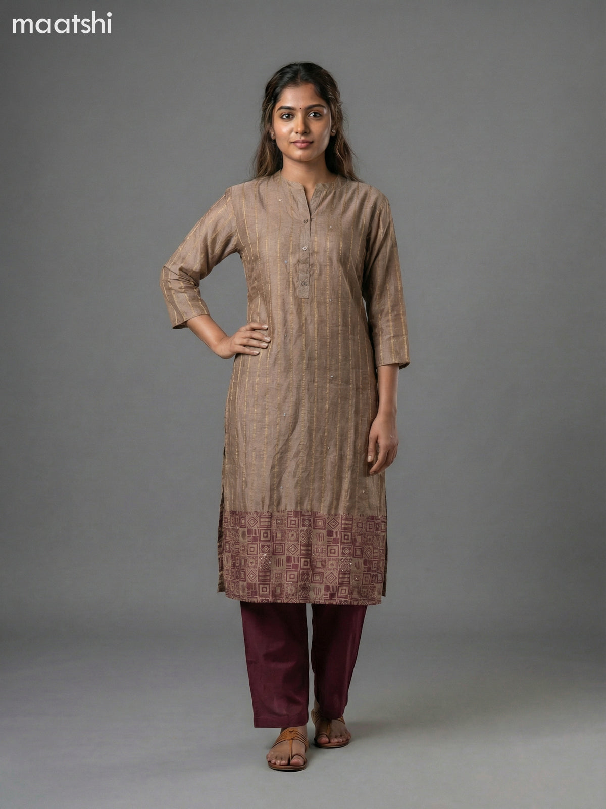 Beige and Wine Shade Chanderi With Zari Weaves Straight Suit
