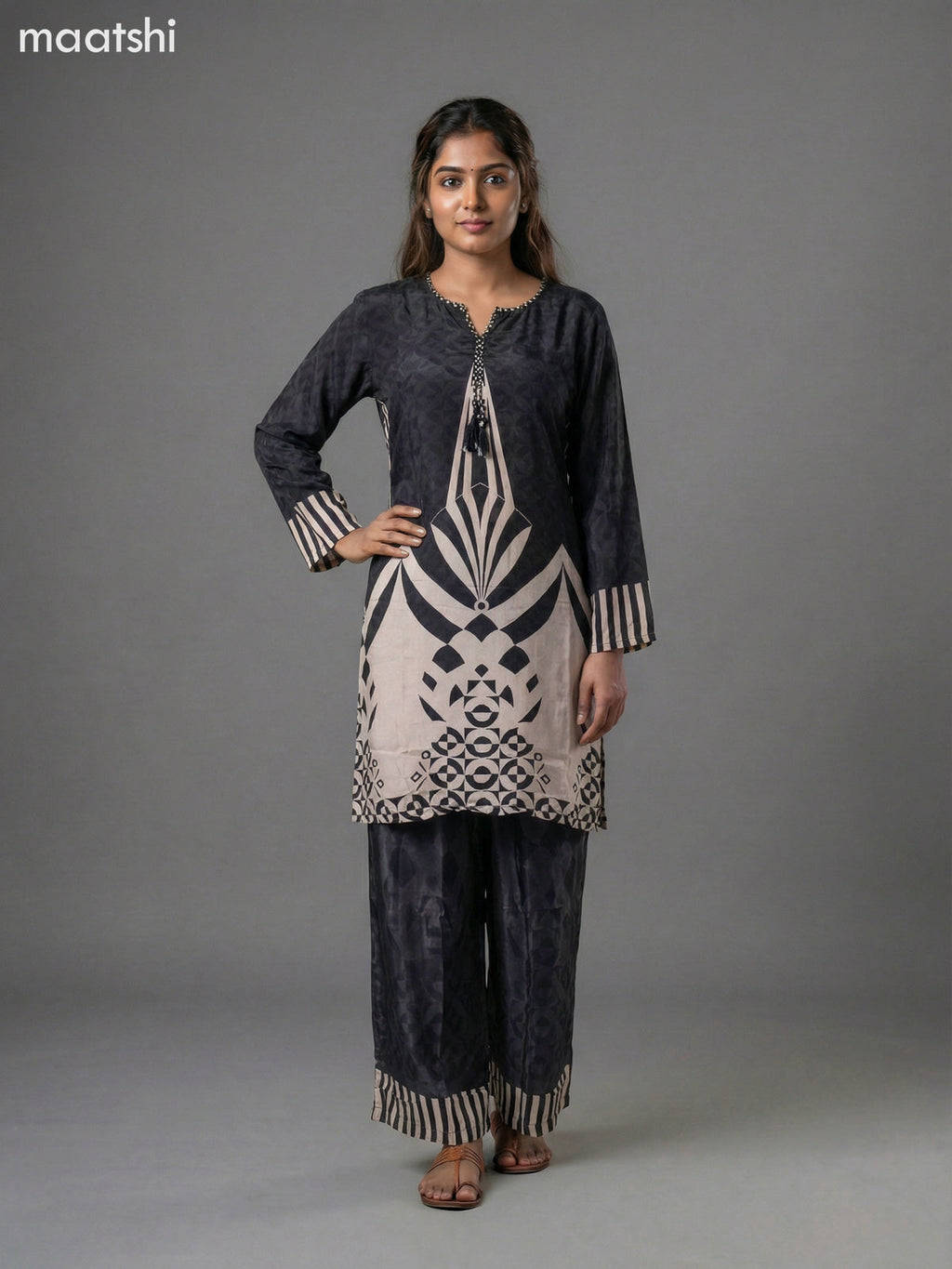 Black and Cream Crepe Silk Printed Short Co-Ord Set