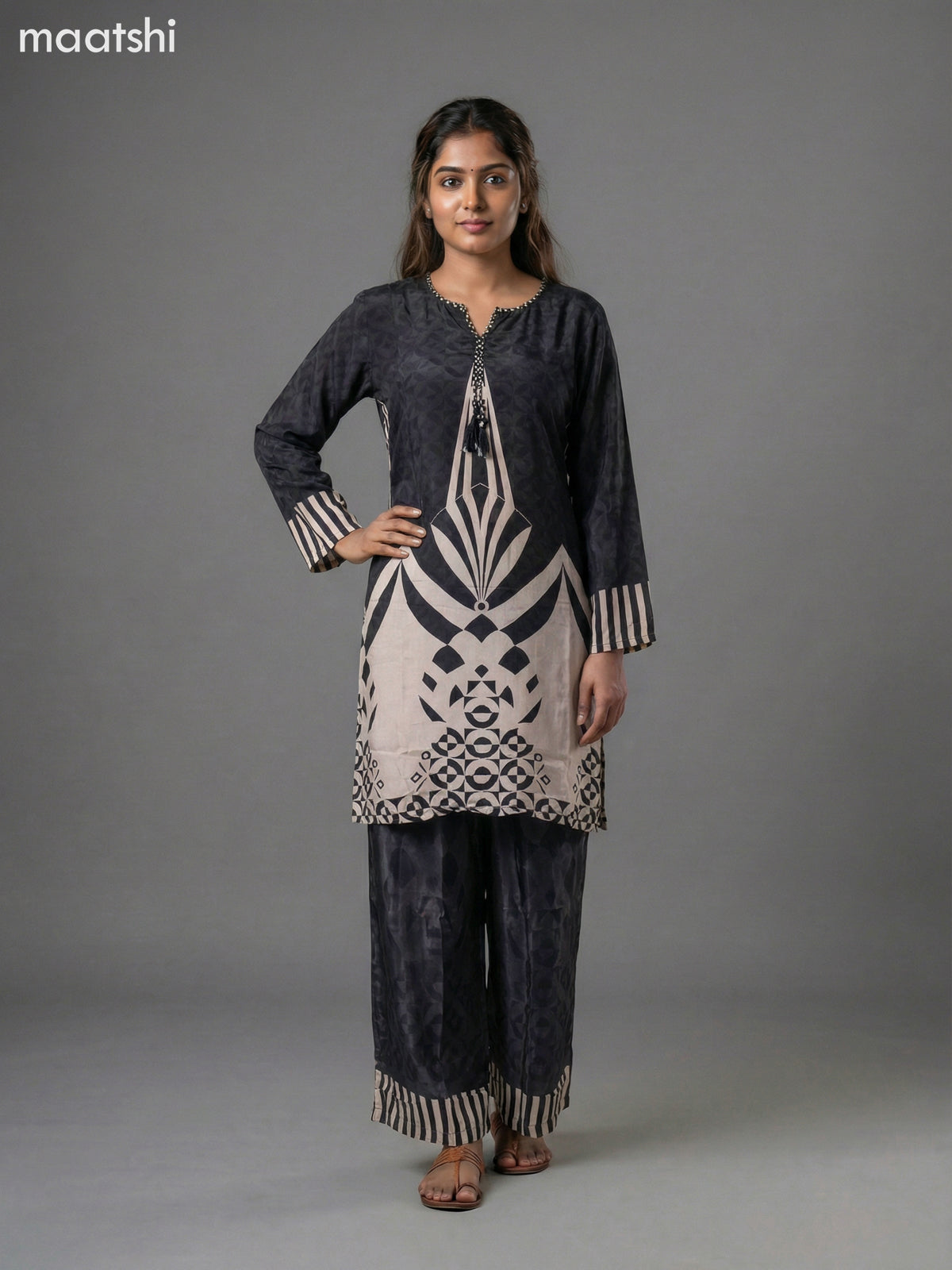 Black and Cream Crepe Silk Printed Short Co-Ord Set