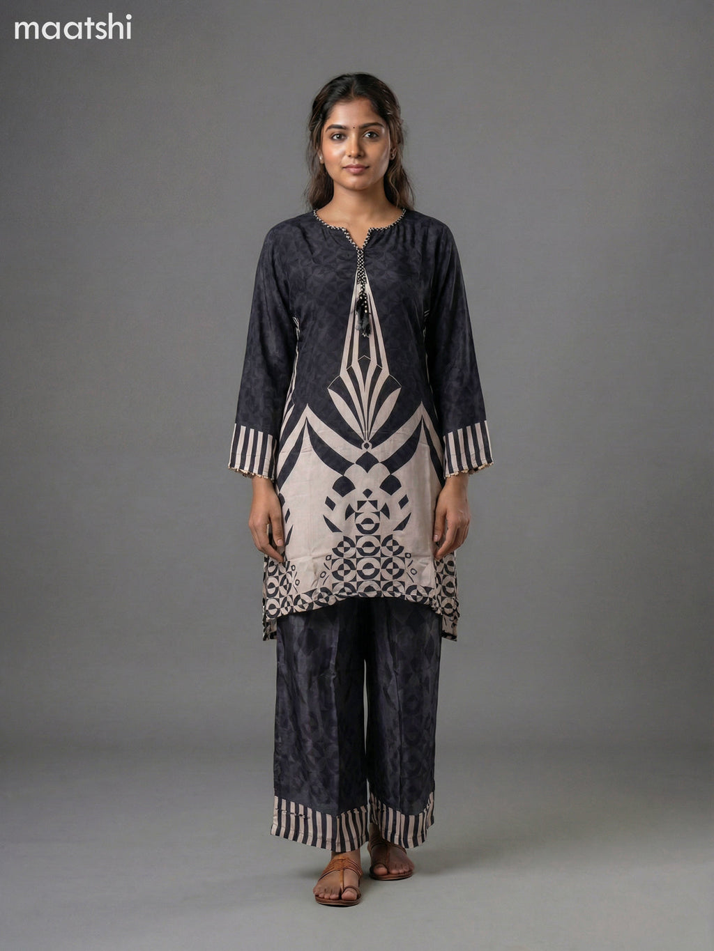 Black and Cream Crepe Silk Printed Short Co-Ord Set