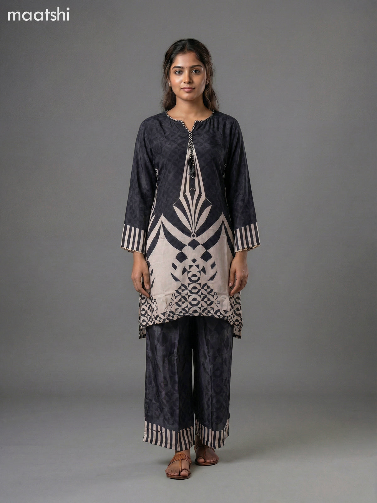 Black and Cream Crepe Silk Printed Short Co-Ord Set