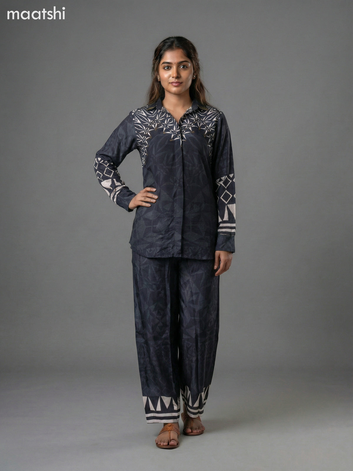 Black and Cream Crepe Silk Printed Short Co-Ord Set