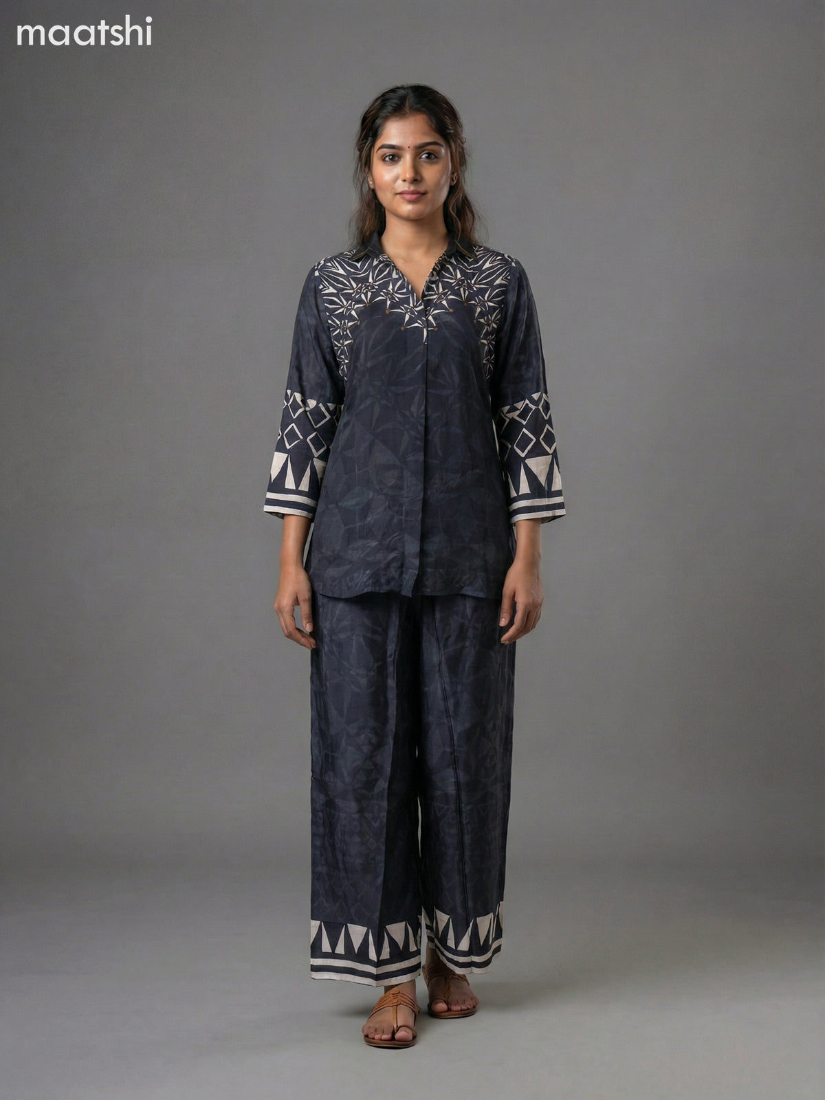 Black and Cream Crepe Silk Printed Short Co-Ord Set