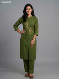 Green Cotton Embroidery Work Kurti Set Straight Cut Pant
