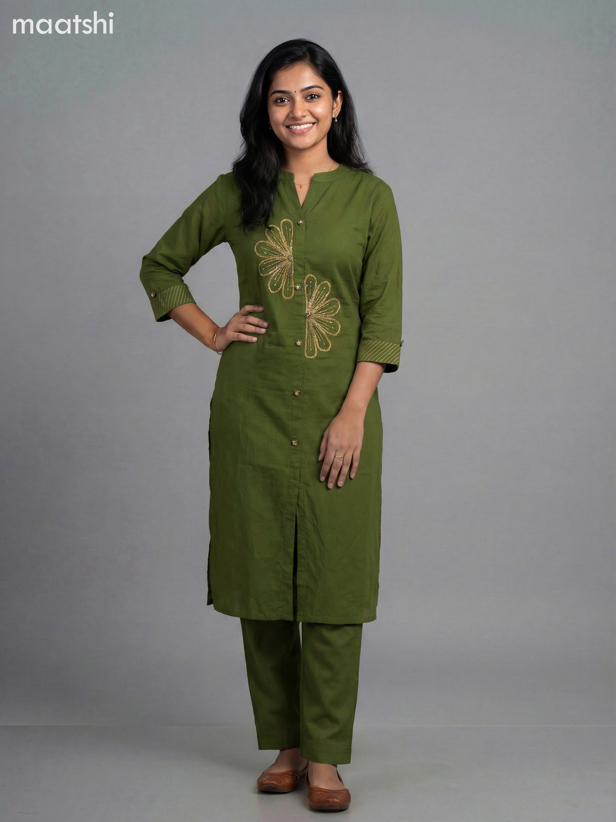 Green Cotton Embroidery Work Kurti Set Straight Cut Pant