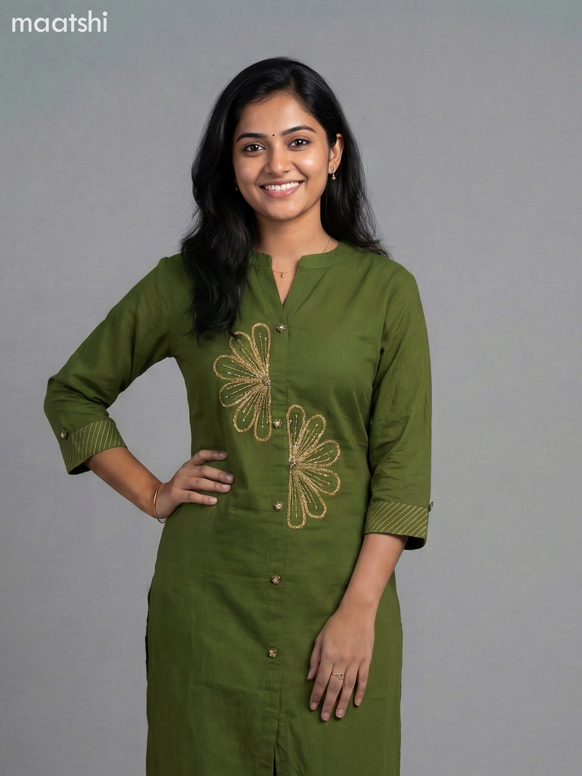 Green Cotton Embroidery Work Kurti Set Straight Cut Pant