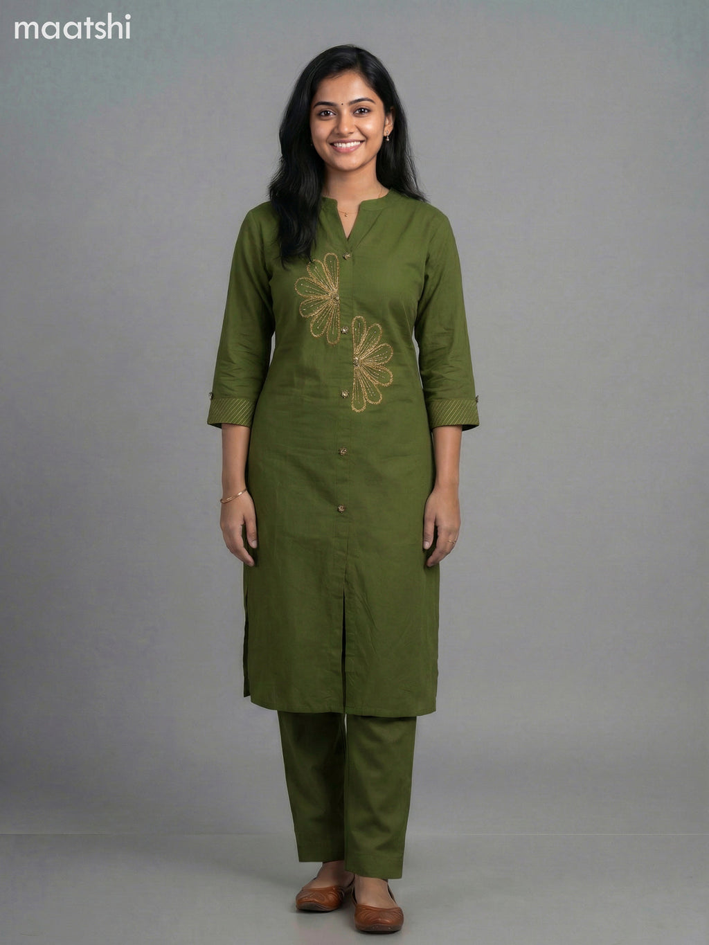 Green Cotton Embroidery Work Kurti Set Straight Cut Pant